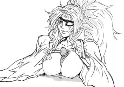 1boy 1girls baiken bb_(baalbuddy) breasts closed_mouth eye_patch facial_mark female forehead_mark greyscale guilty_gear guilty_gear_xrd highres large_breasts long_hair long_sleeves monochrome nipples one_eye_covered paizuri penis ponytail precum simple_background smile smug solo_focus tassel uncensored white_background wide_sleeves rating:Explicit score:48 user:bot