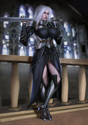 1girls absurdres angelise_reiter armor big_breasts boots breasts cleavage clothed clothing evasolo female female_only final_fantasy final_fantasy_xiv fully_clothed high_heels highres large_breasts looking_at_viewer solo standing tight_clothing rating:Questionable score:156 user:justausername