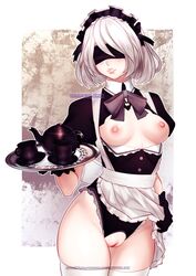 1girls apron blindfold blouse breasts crotchless_clothes crotchless_leotard exposed_breasts exposed_pussy female female_only grapesliime lipstick maid maid_headdress makeup medium_breasts mole nier:_automata nipples panties pussy shirt short_hair source_request stockings tagme tea_tray teacup teapot white_hair yorha_2b rating:Explicit score:200 user:Vendan