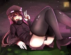 1girls ander ass at2. black_thighs enderman enderwoman female long_brown_hair looking_at_viewer lying_on_ground minecraft mob_talker purple_eyes rating:Questionable score:153 user:Andr-The-Endergirl