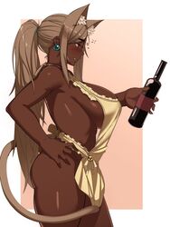 1girls animal_ears apron big_breasts blush breasts brown-haired_catgirl_(kevbot) catgirl dark-skinned_female dark_skin drunk female female_only humanoid kemonomimi kevbot large_breasts mature_female milf original solo thick_thighs wide_hips rating:Questionable score:200 user:justausername