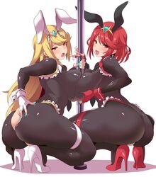 2girls ahoge animal_ears anime_style big_breasts big_butt bimbo blonde_hair blue_nails blush bodysuit breast_press breast_squish breasts bunny_ears bunny_girl bunnysuit butt butt_grab curvaceous curvy deep_skin dual_persona earrings female female_focus female_only fingerless_gloves gem gloves hair_ornament headpiece high_heels highleg highleg_leotard highres huge_ass huge_breasts huge_butt jewelry konno_tohiro large_breasts large_butt leotard long_hair looking_at_viewer looking_back matching_hair/eyes multiple_girls multiple_persona mythra nail_polish nintendo open_mouth orange_eyes pole presenting presenting_hindquarters pyra red_eyes red_footwear red_hair sexually_suggestive shiny shiny_clothes shiny_hair shiny_skin short_hair sideboob smile squatting super_smash_bros. symmetrical_docking thick_thighs thigh_strap thong_leotard tiara very_long_hair white_footwear wide_hips xenoblade_(series) xenoblade_chronicles_2 rating:Questionable score:333 user:justausername