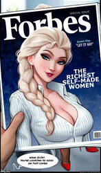 2girls anna_(frozen) aroma_sensei big_breasts blonde_hair blue_eyes breasts cleavage clothed clothed_female disney elsa_(frozen) english english_text female female_focus female_only frozen_(film) fully_clothed high_heels long_hair magazine_cover office_lady pale-skinned_female pale_skin red_hair signature solo_focus speech_bubble suit text tight_shirt watermark white_hair rating:Questionable score:208 user:justausername