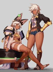 2girls barefoot blazblue boots breasts brown_eyes bullet_(blazblue) dark-skinned_female dark_skin feet guilty_gear mound_of_venus ramlethal_valentine red_eyes short_shorts shorts suwaiya underboob white_hair rating:Questionable score:157 user:PurpleHeart97