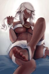 1girls abs athletic bare_legs big_breasts blonde_hair breasts brown_skin clothing dark-skinned_female dark_skin dudeunderscore feet female female_only foot_fetish foot_focus guilty_gear hair_over_one_eye large_breasts long_hair looking_at_viewer midriff muscular muscular_female navel pov_feet presenting_foot ramlethal_valentine sitting soles solo tattoo toes toned toned_female underboob very_dark_skin white_hair wide_hips rating:Questionable score:184 user:PurpleHeart97