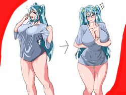 1girls big_breasts blue_hair blush bottomless cleavage female flashing gaka huge_breasts inviting league_of_legends long_hair looking_at_viewer shirt solo sona_buvelle twintails yawn rating:Explicit score:82 user:MasterTeemo