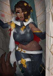  black_female black_girl black_panties black_skin braid cheating cheating_wife door door_open gold_jewelry green_eyes huge_ass huge_breasts just_fuck_already male_in_background motion_lines netorare ntr pov senna_(league_of_legends) sinedahh sweat  rating:explicit score: user:bot