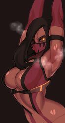 2d amber_eyes armpits arms_above_head arms_up breasts cleavage combos-n-doodles defeated elbow_gloves face_mask female female_only glowing_eyes mileena mortal_kombat mortal_kombat_(2011) solo steam sweat tagme rating:Explicit score:294 user:luls