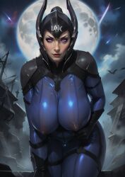  ai_generated big_breasts bodysuit dota_2 female hanging_breasts helmet huge_breasts human looking_at_viewer luna_(dota) moon purple_eyes see-through solo wrongnumberai  rating:explicit score: user:bot