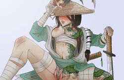 alcohol aramusha asian blush breasts cameltoe drunk for_honor kimono navel nipples pouring pouring_on_self robe rule_63 sake straw_hat sventhcircle sword tattoo wrappings rating:Explicit score:155 user:Albalogna