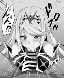 1girls armor bare_shoulders blowjob blush censored clothed clothing cum cum_in_mouth cum_inside eruu fellatio gloves handjob hikari_(xenoblade_2) long_hair male_pov monochrome mythra nintendo pov tears text tiara very_long_hair xenoblade_(series) xenoblade_chronicles_2 rating:Explicit score:98 user:stay