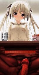 blush cum feet female footjob footjob_with_legwear japanese_text kotatsu legwear male penis sitting small_breasts sneaky_sex stealth stealth_sex stockings text thighhighs under_the_table white_hair yosuga_no_sora rating:Explicit score:50 user:bot