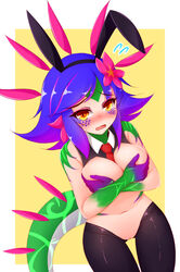 ayatori breasts bunny_ears bunnysuit covering_breasts embarrassed female hair_ornament league_of_legends neeko purple_hair reverse_bunnysuit riot_games solo tail uncensored yellow_eyes rating:Explicit score:94 user:Tovu