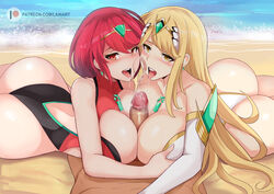 1boy 2girls 3some big_breasts breasts cleavage cum cumshot double_paizuri erection female ffm_threesome lainart large_breasts looking_at_viewer male mythra open_mouth paizuri penis pov pyra straight swimsuit threesome tongue tongue_out xenoblade_(series) xenoblade_chronicles_2 rating:Explicit score:437 user:justausername