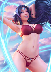 1girls 3d arms_behind_head bare_midriff bikini black_hair blue_eyes bra breasts cameltoe clouds female female_only headwear irelia_xan league_of_legends long_hair looking_at_viewer misusart navel partially_clothed red_underwear shaved_armpit solo rating:Safe score:191 user:BruhBruhBruhBruhHurb