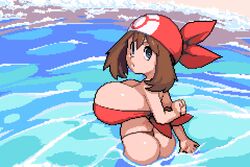 1girls aged_up alternate_breast_size armpits ass bandana beach bikini blue_background blue_eyes breasts brown_hair bursting_breasts butt_crack cleavage eye_contact female female_only huge_breasts human large_breasts looking_at_viewer looking_back may_(pokemon) nintendo outdoors pixel_art plantpenetrator pokemon pokemon_rse red_bikini standing thick_thighs thong water rating:Questionable score:174 user:oski165