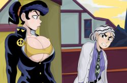 2girls big_breasts black_hair blue_eyes detnox diamond_is_unbreakable huge_breasts jojo's_bizarre_adventure josuke_higashikata kosaku_kawajiri rule_63 small_clothes straining stretched_clothing tie white_hair yoshikage_kira rating:Questionable score:168 user:GaspinJojo