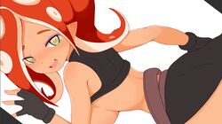 1girls 2020 blush breasts cephalopod cephalopod_humanoid female female_only fingerless_gloves gloves hi_res highres jellcaps looking_at_viewer looking_back octoling open_mouth pointed_ears simple_background solo splatoon tentacle tentacle_hair tentacles rating:Questionable score:54 user:RedOctoling