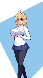  :3 antenna_hair arcueid_brunestud black_pantyhose blonde_hair blue_background blue_sky breasts english_commentary female highres holding_own_breasts jewelry large_breasts miniskirt pantyhose pendant pixel_art pleated_skirt raptorbr red_eyes short_hair simple_background skirt sky solo tsukihime tsukihime_(remake)  rating:safe score: user:bot