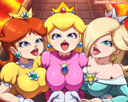 3girls ahe_gao ahegao alternate_breast_size background big_breasts blonde_hair brown_hair clothed female_only fully_clothed huge_breasts large_breasts long_hair looking_up mario_(series) nintendo open_mouth patreon presenting presenting_mouth princess_daisy princess_peach princess_rosalina reit super_mario_bros. rating:Questionable score:438 user:Reit-9