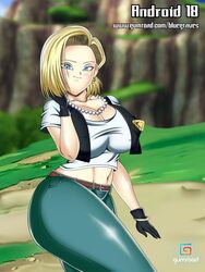 1girls android android_18 belly belly_button big_breasts blonde_hair blue_eyes bluegraves breasts busty cleavage clothed curvy cyborg dragon_ball dragon_ball_z female female_only gloves huge_breasts jeans legs looking_at_viewer milf necklace smile t-shirt thick_thighs thighs top vest voluptuous wide_hips rating:Explicit score:88 user:DBgirls457