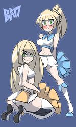 2girls aether_foundation ass bigdeadalive blonde_hair blush cheerleader cheerleader_uniform embarrassed green_eyes human lillie_(pokemon) looking_at_viewer lusamine_(pokemon) midriff mother_and_daughter nintendo panties pokemon pokemon_sm simple_background rating:Questionable score:167 user:Jokers_Royal_Slut