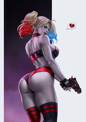 ass big_ass black_nail_polish blonde blonde_hair broken_heart collar dandon_fuga dc dc_comics eye_shadow fingerless_gloves firearm grey_skin gun handgun harley_quinn highlights human lipstick pale_skin pigtails red_lipstick revolver thick_thighs two_tone_hair weapon white_body rating:Questionable score:159 user:HMS091189