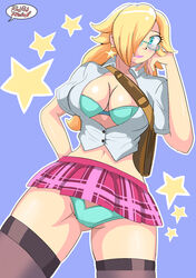 1girls alternate_costume ass_visible_through_thighs barely_visible_genitalia black_legwear black_thighhighs blonde_hair blue_bra blue_eyes blue_panties bra bra_cups_sticking_out breasts cameltoe cleavage clothing crotch earrings female female_only glasses long_hair mario_(series) matching_underwear miniskirt nintendo open_clothes open_shirt panties pink_skirt princess_rosalina redradrebel school_uniform schoolgirl shirt solo thighhighs upskirt white_shirt rating:Questionable score:97 user:Ifuckinghatecapchas