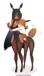 2girls breasts bunny_ears bunny_girl bunnysuit cleavage eevee female female_only horny hug huge_breasts humanized large_breasts nintendo pokemon pokemon_gsc pokemon_rgby thick_thighs tofuubear umbreon wide_hips yuri rating:Questionable score:203 user:justausername