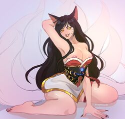 1girls ahri animal_ears areolae arm_up armpit armpits big_breasts breasts female fox_ears kitsune kneeling large_breasts league_of_legends nail_polish nauko nipples tail toenail_polish yellow_eyes rating:Explicit score:59 user:deerp