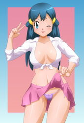 1girls aged_up alternate_breast_size alternate_outfit blouse breasts cleavage dawn_(pokemon) female female_only human lingerie long_hair medium_breasts microskirt miniskirt nintendo nipples nipples_visible_through_clothing pokemon pokemon_dppt shirt skirt skirt_lift solo thong tied_shirt tongue tongue_out zel-sama rating:Questionable score:151 user:Vegetax212