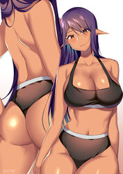 1girls backboob big_ass dark-skinned_female elf elf_ears female lilycious pointy_ears sideboob solo solo_female topless white_background rating:Explicit score:142 user:marvyn