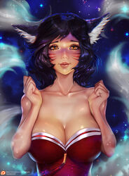 1girls absurdres ahri big_breasts breasts cleavage female female_only highres large_breasts league_of_legends looking_at_viewer solo tigrsasha rating:Questionable score:93 user:justausername