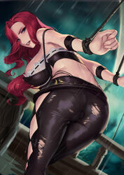 1girls angry ass bent_over blue_eyes captive cianyo dimples_of_venus female gritted_teeth hands_tied large_breasts league_of_legends looking_at_viewer looking_back miss_fortune pants raining red_hair riot_games ripped_pants skimpy slave tied_up torn_clothes torn_clothing rating:Explicit score:120 user:Harlon