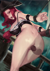 1girls blue_eyes bottomless captive cianyo closed_eyes dark-skinned_male dark_skin dimples_of_venus female forced_pleasure forced_sex hat interracial large_breasts league_of_legends miss_fortune motion_blur pussy raining red_hair riot_games skimpy_clothes slave solo_focus tied_up uncensored rating:Explicit score:34 user:Harlon