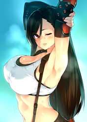 1girls 2020 absurd_res armpits arms_up big_breasts blue_background breasts brown_eyes brown_hair female female_only final_fantasy final_fantasy_vii highres large_breasts long_hair nipple_bulge sela_god solo solo_female solo_focus sports_bra square_enix sweat sweating tifa_lockhart rating:Questionable score:113 user:Deku51