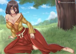 1girls bare_shoulders barefoot boruto:_naruto_next_generations breasts brown_hair busty cleavage feet female female_only fully_clothed hakama hyuuga_hanabi long_hair lying naruto on_side outdoors posing redjet solo tied_hair violet_eyes rating:Safe score:82 user:UnrealHarbor