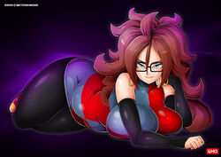 android android_21 android_21_(human) big_breasts blue_eyes brown_hair clothed_female dragon_ball dragon_ball_fighterz female female_only glasses long_hair mature_female solo solo_female solo_focus witchking00 rating:Explicit score:93 user:Ponic5