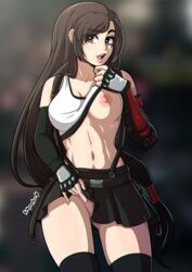 1girls abs areolae armor armwear ass_visible_through_thighs big_breasts blurry_background breasts brown_eyes brown_hair collarbone female female_only final_fantasy final_fantasy_vii fit_female gloves heart-shaped_pupils hi_res kinkymation light-skinned_female light_skin long_hair looking_at_viewer nipples no_panties pussy pussy_peek shaded shirt shirt_lift simple_background skirt skirt_lift solo solo_female solo_focus standing straight_hair suspenders thick_thighs thighhighs thighs tifa_lockhart uncensored vagina rating:Explicit score:176 user:Ponic5