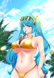 1girls beach bikini blue_hair bubble_tea_challenge day_an gold_bikini league_of_legends sona_buvelle sunglasses sunglasses_on_head rating:Explicit score:61 user:darkrobbe1