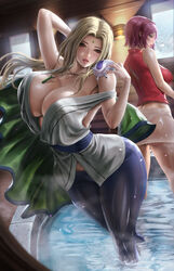 2girls absurd_res blonde_hair cleavage clothed female female_only highres huge_breasts large_breasts lexaiduer multiple_girls nail_polish naruto naruto_(series) naruto_shippuden panties pink_hair sakura_haruno tsunade wet wet_clothes rating:Questionable score:189 user:UnrealHarbor