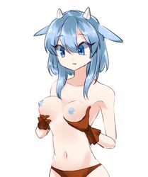 1girls alternate_hair_color alternate_hairstyle areolae armpits bazumi belly blue_eyes blue_hair blue_nipples blue_skin breast_grab breasts clothed clothes cow_girl eyebrows_visible_through_hair eyelashes female gijinka gloves grabbing_own_breast horns human humanized humanized_pokemon miltank navel nipples panties pokemon pokemon_gsc pokemon_rgby short_hair solo source_request topless transformation rating:Questionable score:30 user:zetsubousensei