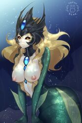 1girls absurdres accidental_exposure areolae big_breasts blonde_hair breasts breasts_out brown_eyes cleavage edit female female_only hair helmet highres huge_filesize large_breasts league_of_legends long_hair looking_at_viewer mermaid monster_girl nami_(league_of_legends) nipples scales smile solo tofuubear underwater yellow_eyes rating:Explicit score:177 user:manweasel900