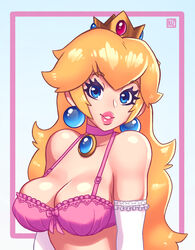 1girls big_breasts blonde_hair blue_eyes bra breasts choker cleavage clothing crown earrings elbow_gloves female female_only gloves human human_only jewelry long_hair looking_at_viewer mario_(series) mature_female necklace nintendo pink_bra princess_peach rizdraws shiny shiny_hair shiny_skin simple_background solo solo_female solo_focus very_long_hair rating:Questionable score:328 user:Ponic5