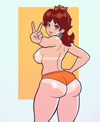 1girls ass big_ass big_breasts blue_eyes breasts brown_hair bubble_butt female female_only inverted_nipples large_breasts looking_at_viewer looking_back mario_(series) nintendo nipples orange_background orange_panties panties princess_daisy rear_view rizdraws sideboob simple_background smile solo standing tan tan-skinned_female tan_skin tanline tanned topless underwear v rating:Questionable score:306 user:Tronitrus