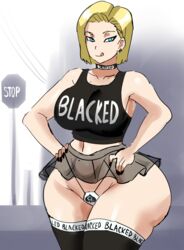 1girls android_18 blacked blacked_clothing blonde_hair blue_eyes choker dragon_ball dragon_ball_super dragon_ball_z earrings female female_only gtsn17 huge_breasts licking_lips queen_of_spades short_skirt slutty_clothing slutty_outfit solo wide_hips rating:Explicit score:146 user:namisos