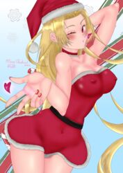 1girls bare_shoulders blush choker christmas christmas_outfit flying_kiss heart long_hair nipple_bulge red_lipstick red_nails thighs yuki_tsukumo rating:Questionable score:29 user:AleLib_Arts