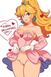 1girls blonde_hair blue_eyes breasts cleavage clothing crown earrings english_text exposed_pussy female female_only gloves heart human legs long_hair mario_(series) medium_breasts nintendo no_panties novaartistic parted_lips pink_clothing ponytail presenting presenting_pussy princess_peach pussy skirt_lift smile solo text thick_thighs thighs valentine's_day white_background white_gloves rating:Explicit score:158 user:NovaSpeX