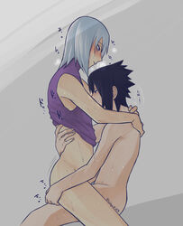  2d black_hair blush gay gay_sex half-dressed hozuki_suigetsu male/male male_only naruto naruto_(series) naruto_shippuden purple_eyes sasuke_uchiha shounen_jump straddling uchiha_sasuke wet wet_body white_hair yaoi yoshiya0909  rating:questionable score: user:midnaookami