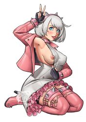 1girls armpit armpits blue_eyes blush blushing breast_out dress elphelt_valentine female female_focus female_only guilty_gear guilty_gear_strive high_heels jacket legwear looking_at_viewer nipples nipples_visible_through_clothing presenting presenting_breasts razillon short_hair shoulder_length_hair spiked_legwear straight_hair thick_thighs tongue_out white_hair rating:Explicit score:96 user:Prometetus